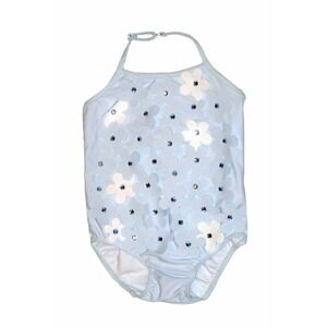 NEW Kate Mack 1pc Precious Blue Baby Girl Swimsuit w/Rhinestones & Flowers 12M